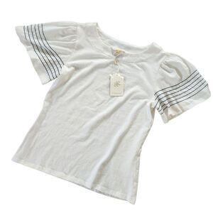 Downeast Basic Top Medium White with Blue Stripes on Sleeves Short Sleeve Shirt
